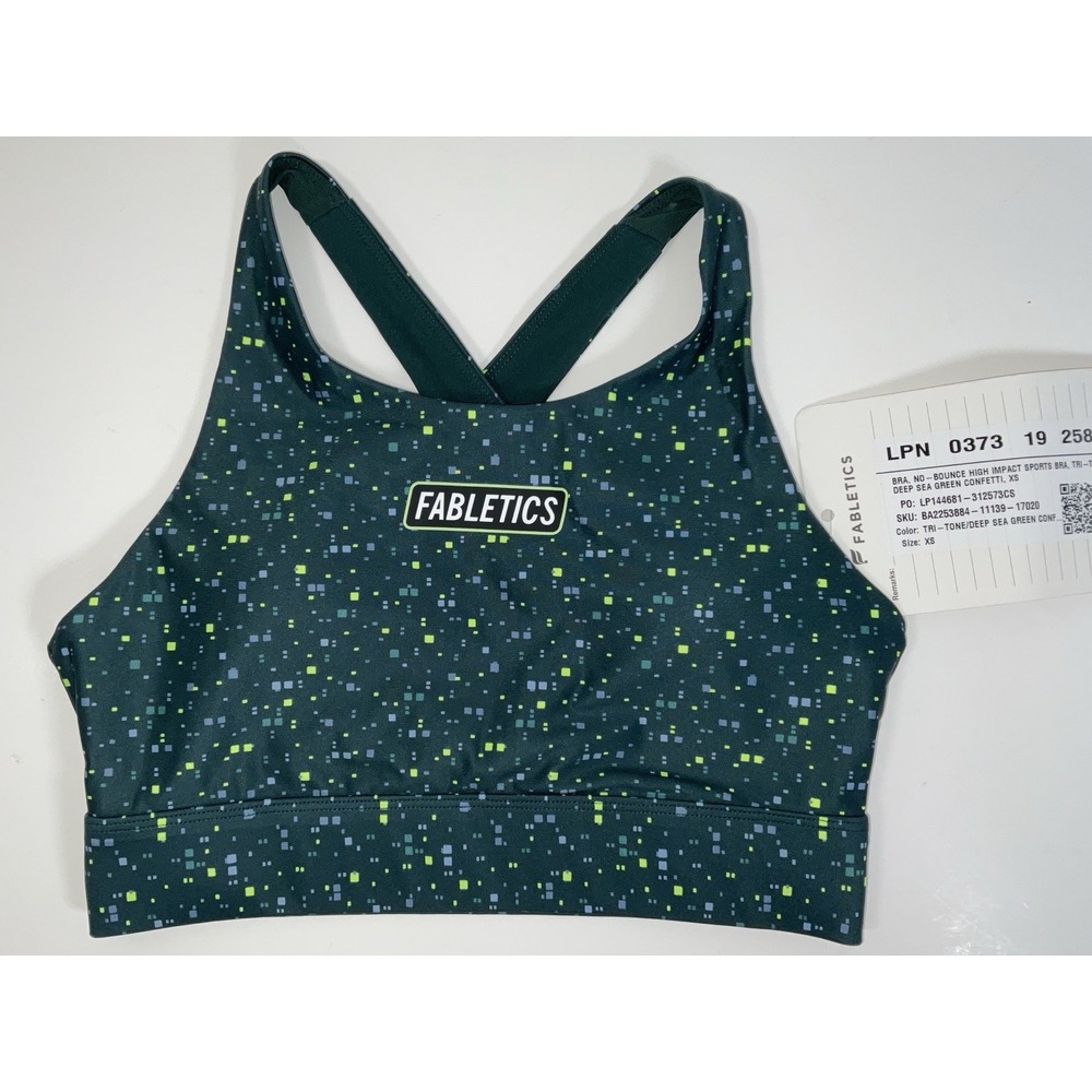 NWT Women's Fabletics No Bounce High Impact Sports Bra Green Confetti - XS - Picture 3 of 6